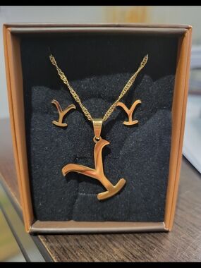 Official Gold-Tone Yellowstone "Y" Brand Pendant Necklace & Matching Earring Set